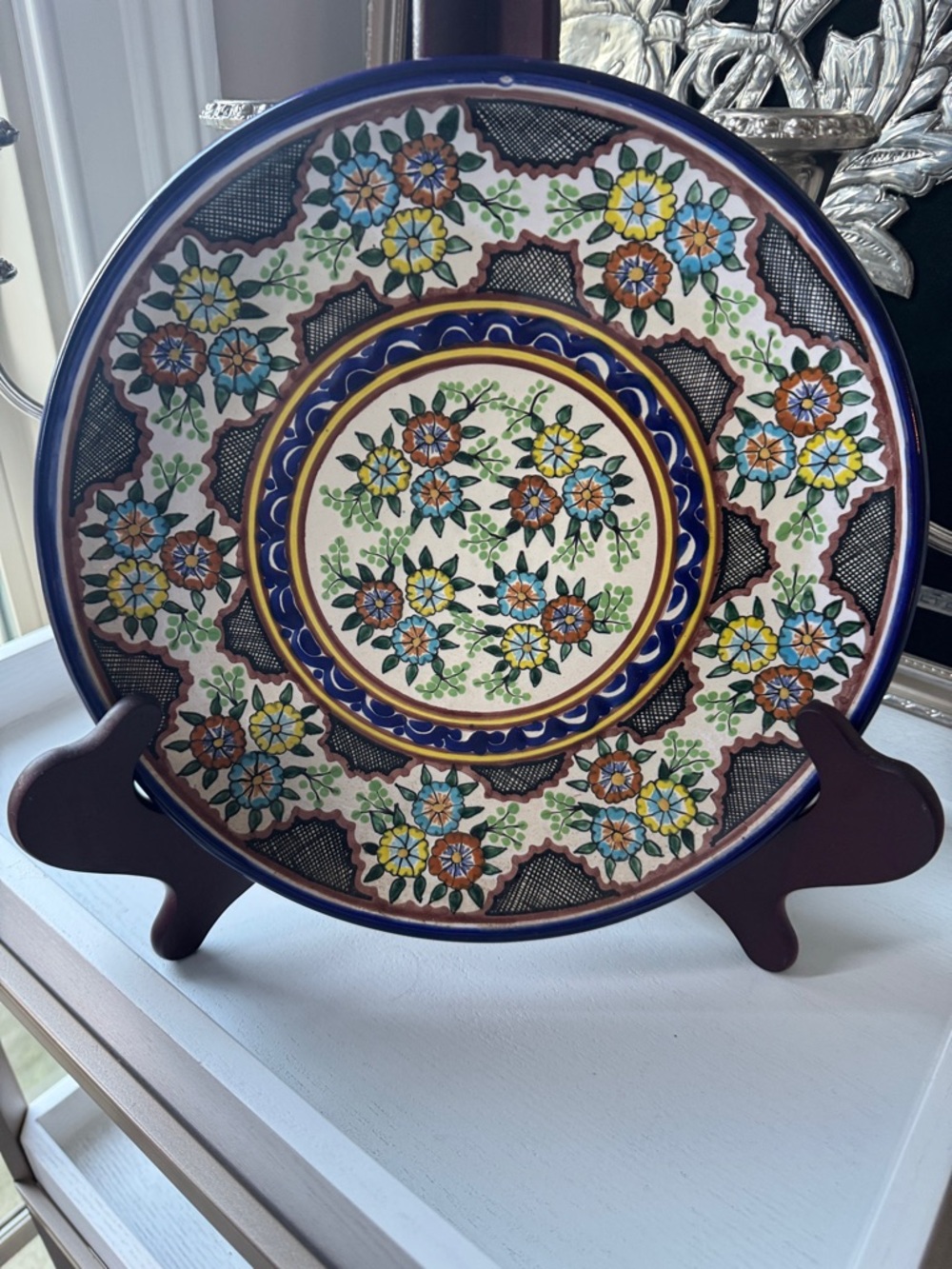 Hand-Painted Floral Decorative Wall Plate in Blue, Yellow & Green